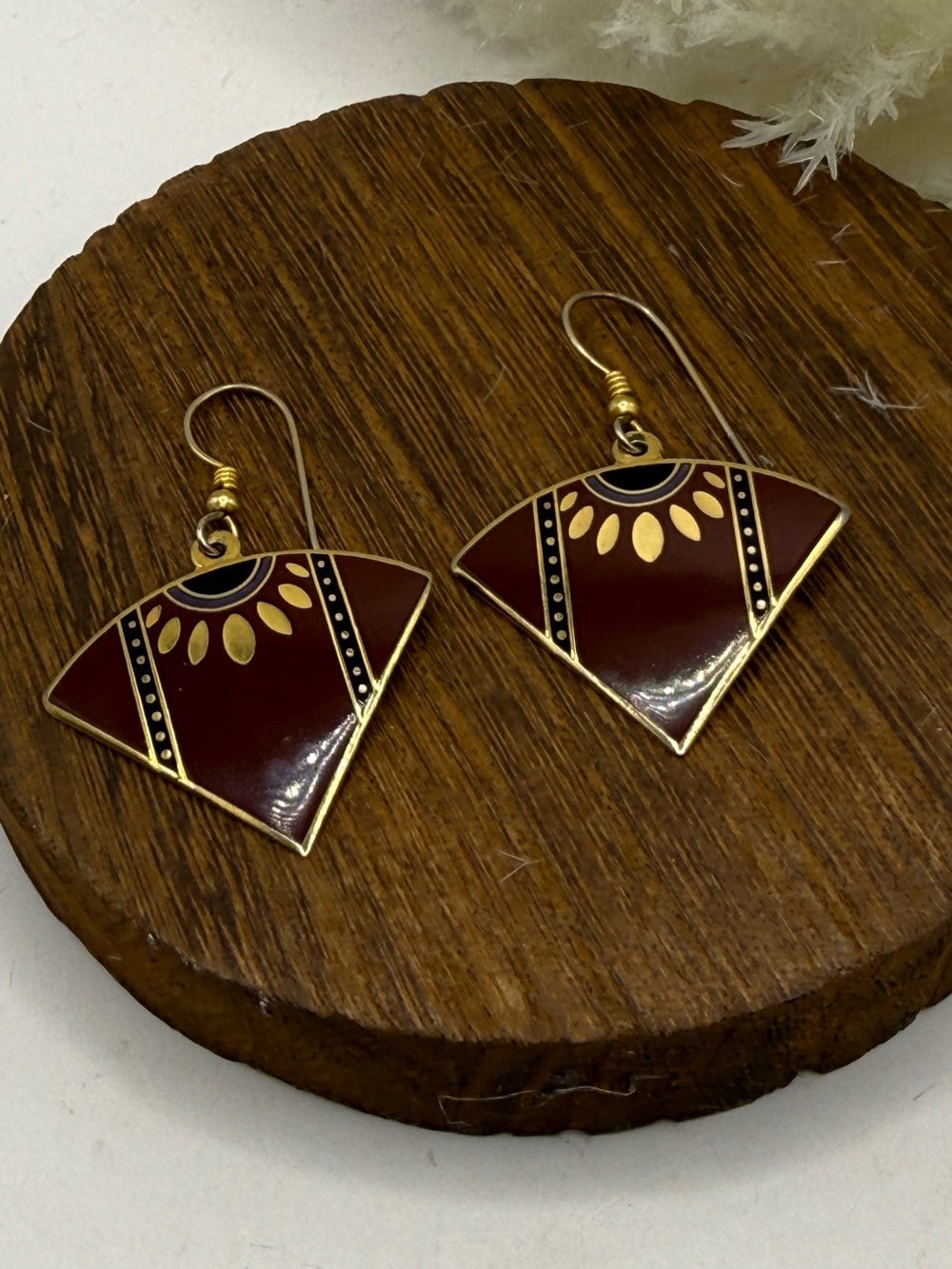 Laurel Burch Vintage Fan Earrings, Deep Brown And Gold Enamel Boho Statement